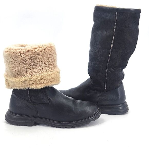 UGG Brooks Tall Boots Womens Size 6 Black Leather Shearling 5490 Winter Snow - Picture 1 of 14